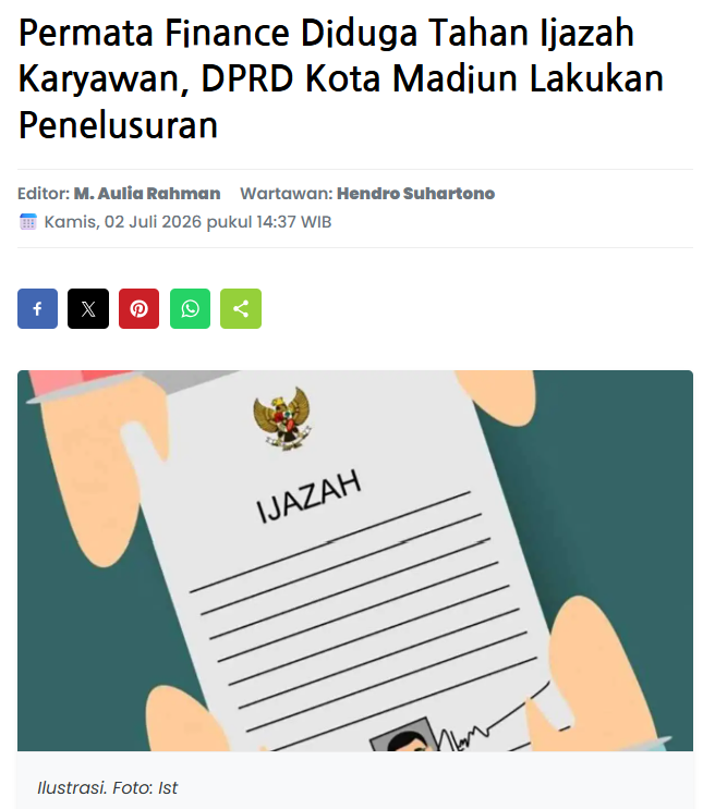Permata Finance Diduga Tahan Ijazah Karyawan, DPRD Kota Madiun Lakukan Penelusuran