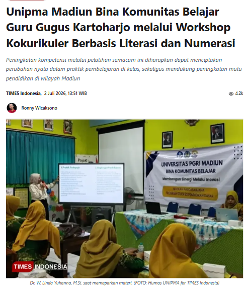 Unipma Madiun Bina Komunitas Belajar Guru Gugus Kartoharjo melalui Workshop Kokurikuler Berbasis Literasi dan Numerasi