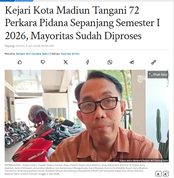 Kejari Kota Madiun Tangani 72 Perkara Pidana Sepanjang Semester I 2026, Mayoritas Sudah Diproses
