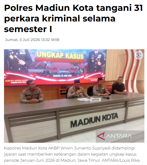 Polres Madiun Kota tangani 31 perkara kriminal selama semester I