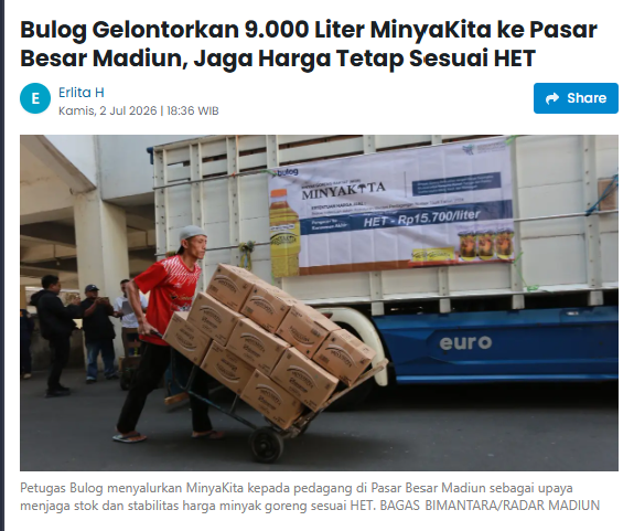 Bulog Gelontorkan 9.000 Liter MinyaKita ke Pasar Besar Madiun, Jaga Harga Tetap Sesuai HET