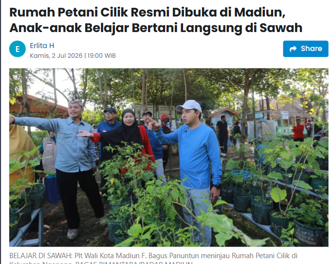 Rumah Petani Cilik Resmi Dibuka di Madiun, Anak-anak Belajar Bertani Langsung di Sawah