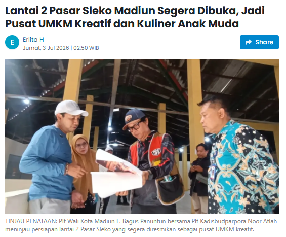 Lantai 2 Pasar Sleko Madiun Segera Dibuka, Jadi Pusat UMKM Kreatif dan Kuliner Anak Muda