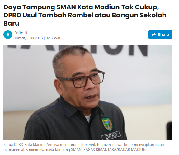 Daya Tampung SMAN Kota Madiun Tak Cukup, DPRD Usul Tambah Rombel atau Bangun Sekolah Baru