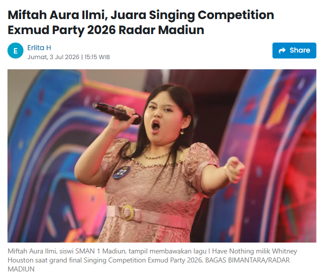 Miftah Aura Ilmi, Juara Singing Competition Exmud Party 2026 Radar Madiun
