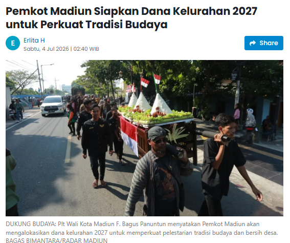 Pemkot Madiun Siapkan Dana Kelurahan 2027 untuk Perkuat Tradisi Budaya