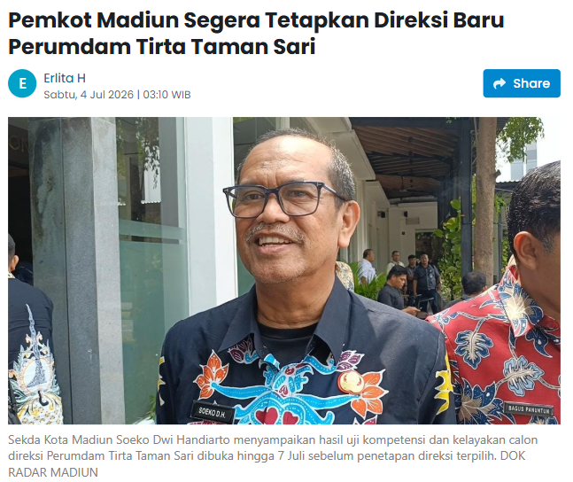 Pemkot Madiun Segera Tetapkan Direksi Baru Perumdam Tirta Taman Sari