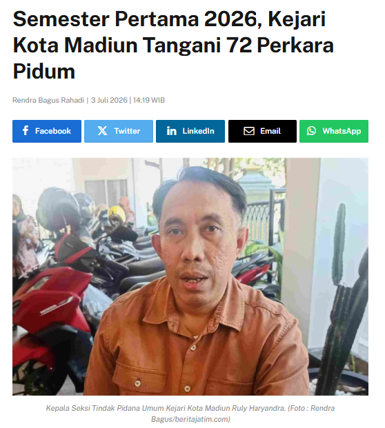 Semester Pertama 2026, Kejari Kota Madiun Tangani 72 Perkara Pidum