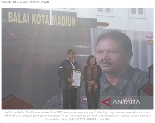 Kota Madiun pecahkan rekor MURI pemasangan paving 46 ribu meter persegi
