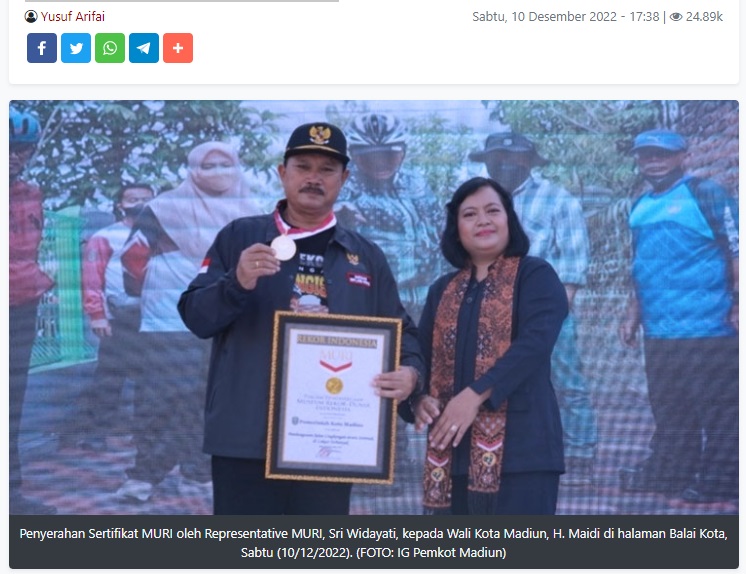 Sukses Pavingisasi Serentak di Lokasi Terbanyak, Pemkot Madiun Raih Rekor MURI