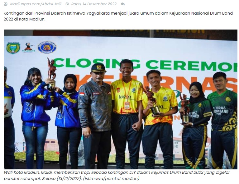 Peroleh 6 Emas & 4 Perak, Kontingen DIY Juara Umum Kejurnas Drum Band di Kota Madiun