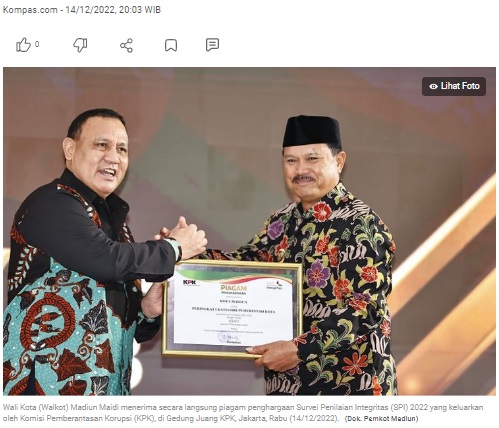 Pemkot Madiun Dapat Penghargaan SPI 2022, Walkot Maidi: Kerja Keras Berantas Korupsi Membuahkan Hasil