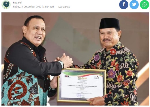 Wujudkan Pemerintah yang Bersih, Walikota Madiun Raih Penghargaan SPI 2022 Dari KPK
