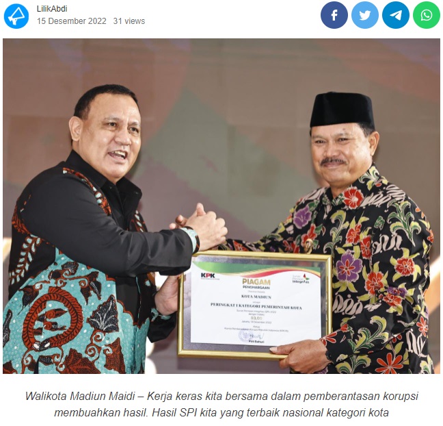 Wujudkan Pemerintah yang Bersih, Wali Kota Raih Penghargaan SPI 2022 Terbaik Nasional Kategori Pemerintah Kota