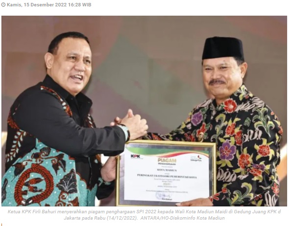 Madiun raih penghargaan SPI 2022 dari KPK Kategori Pemkot