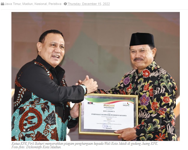 Sukses Wujudkan Pemerintah yang Bersih, Wali Kota Madiun Raih Penghargaan SPI 2022 Terbaik Nasional Kategori Pemerintah Kota