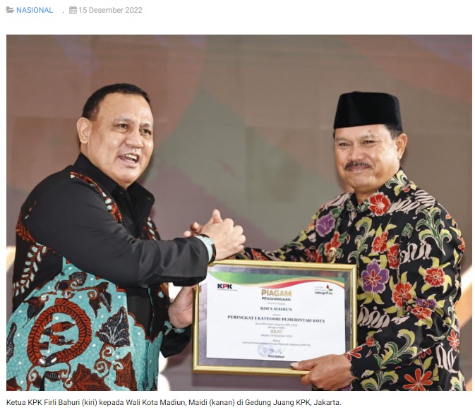 Wali Kota Madiun Raih Penghargaan SPI 2022 Terbaik Nasional Kategori Pemerintah Kota