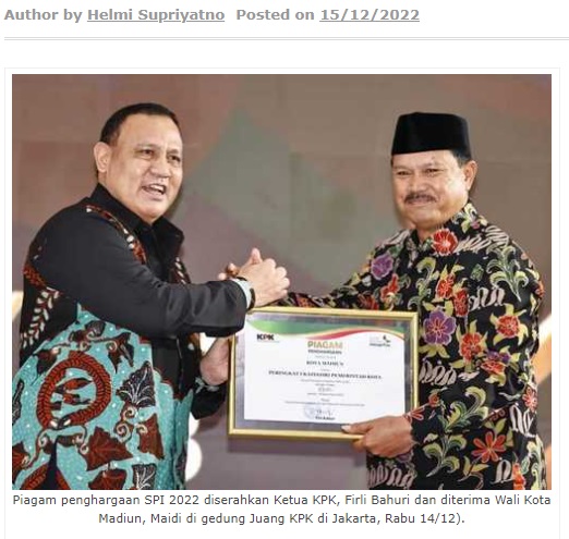 Wali Kota Madiun Raih SPI 2022 Terbaik Nasional Kategori Pemerintah Kota