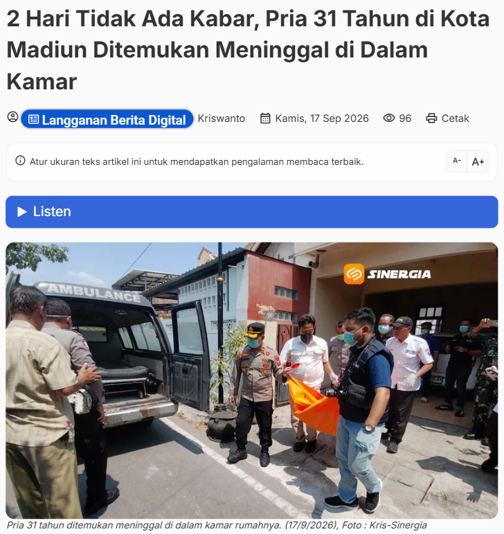 2 Hari Tidak Ada Kabar, Pria 31 Tahun di Kota Madiun Ditemukan Meninggal di Dalam Kamar