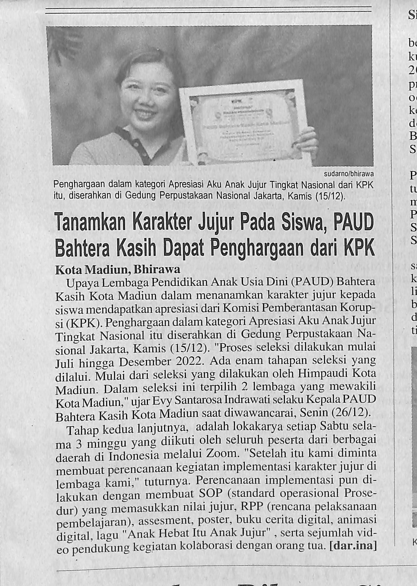 Tanamkan Karakter Jujur Pada Siswa, PAUD Bahtera Kasih Dapat Penghargaan dari KPK