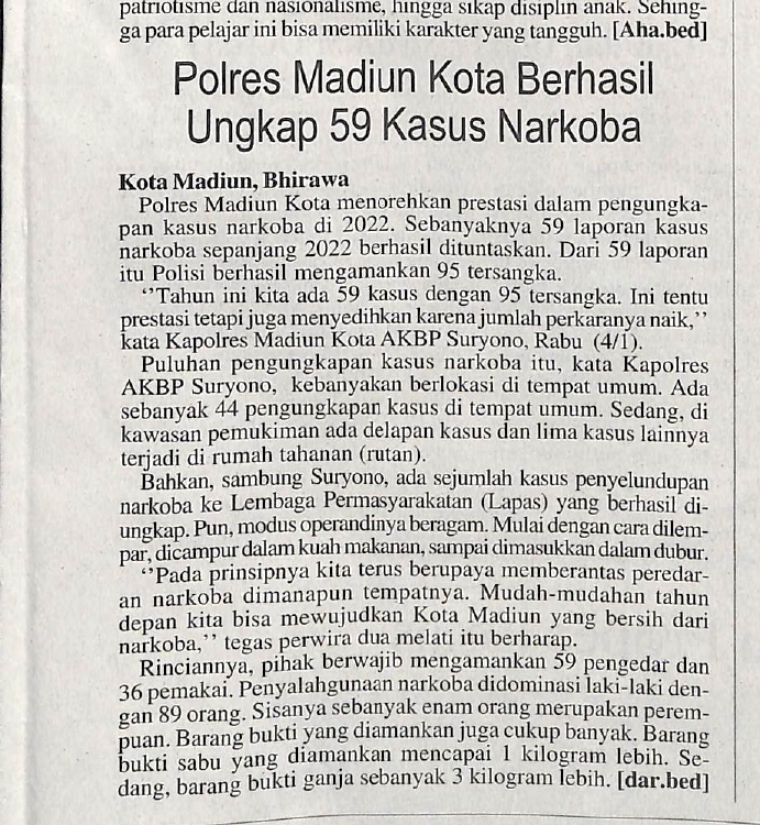 Polres Madiun Kota Berhasil Ungkap 59 Kasus Narkoba