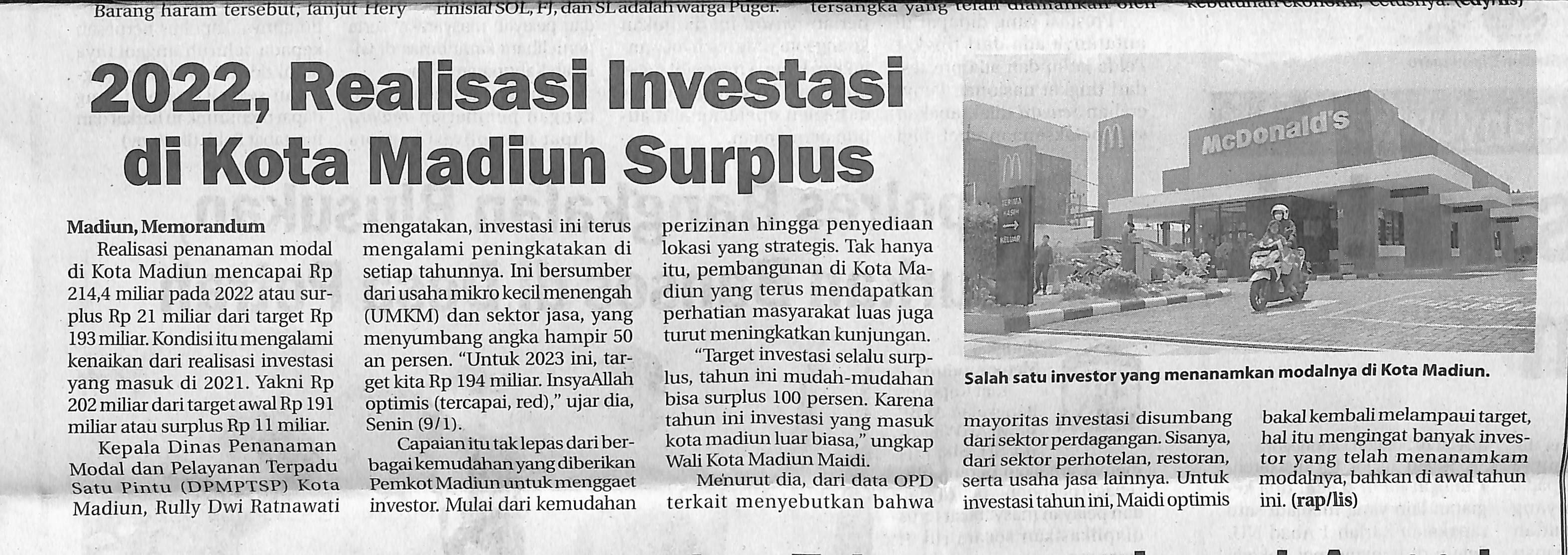 2022, Realisasi Investasi di Kota Madiun Surplus