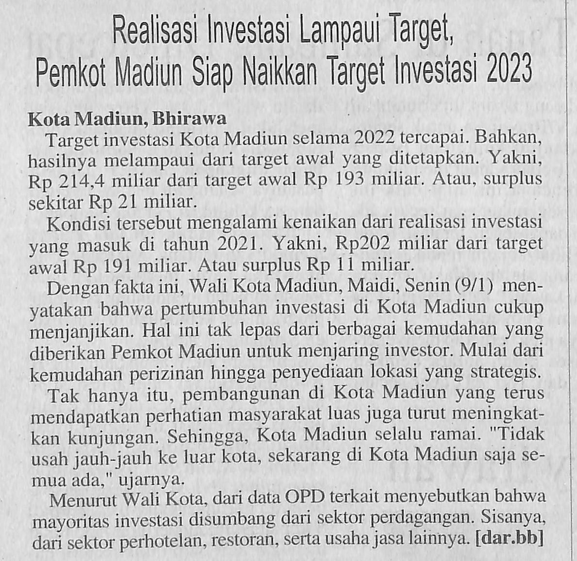 Realisasi Investasi Lampaui Target, Pemkot Madiun Siap Naikan Target Investasi 2023