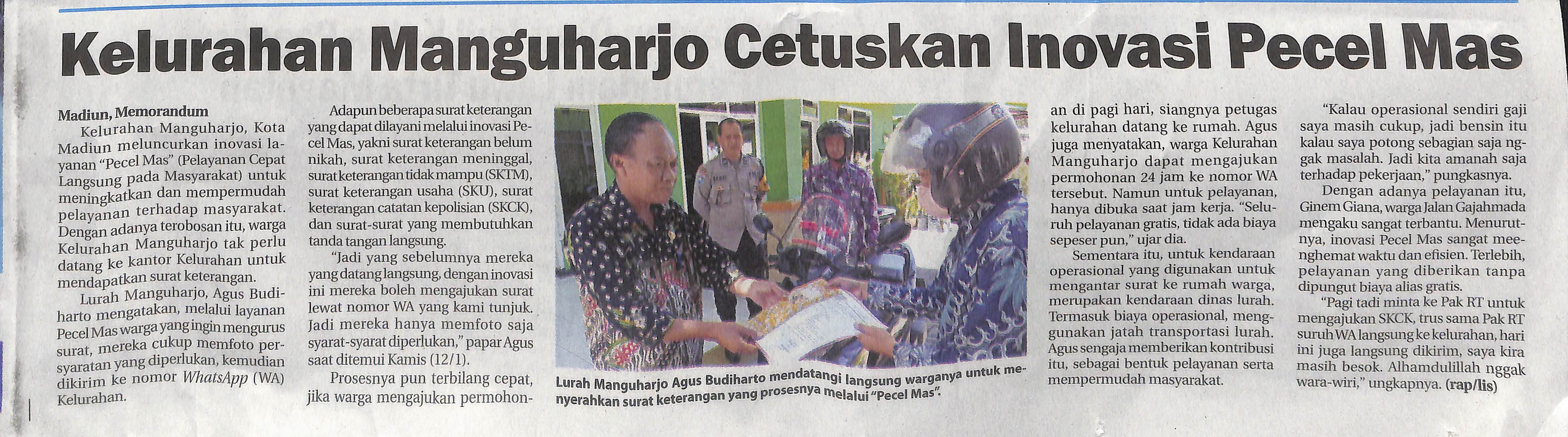 Kelurahan Manguharjo Cetuskan Inovasi Pecel Mas