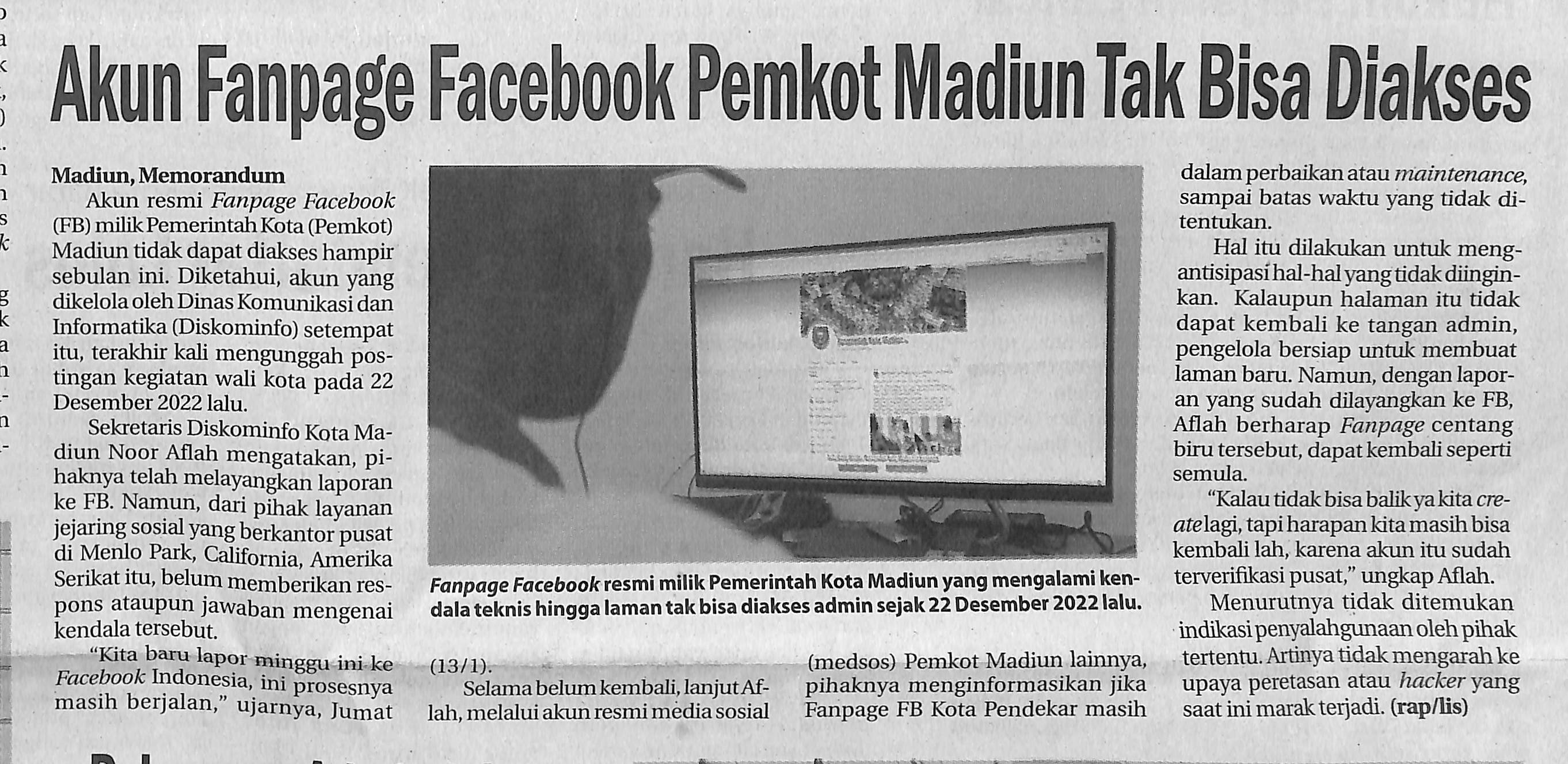 Akun Fanpage Facebook Pemkot Madiun Tak Bisa Diakses
