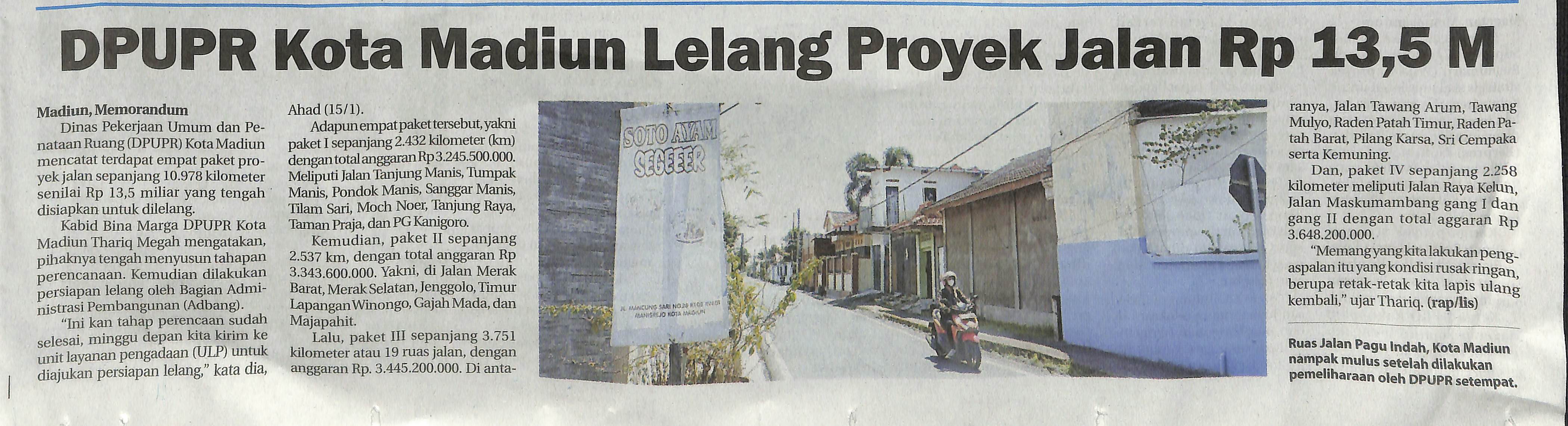 DPUPR Kota Madiun Lelang Proyek Jalan Rp 13,5 M