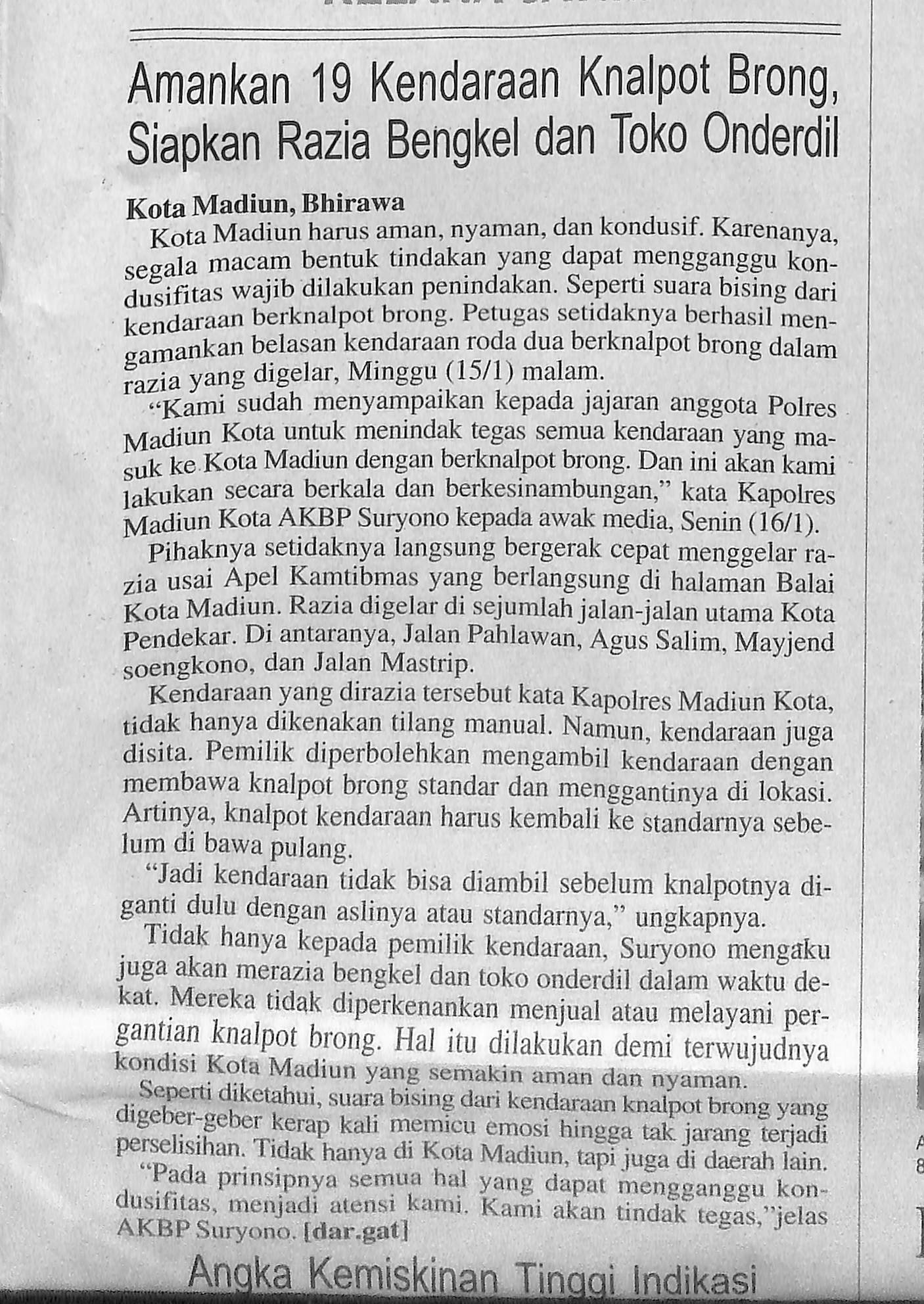 Amankan 19 Kendaraan Knalpot Brong, Siapkan Razia Bengkel dan Toko Onderdil