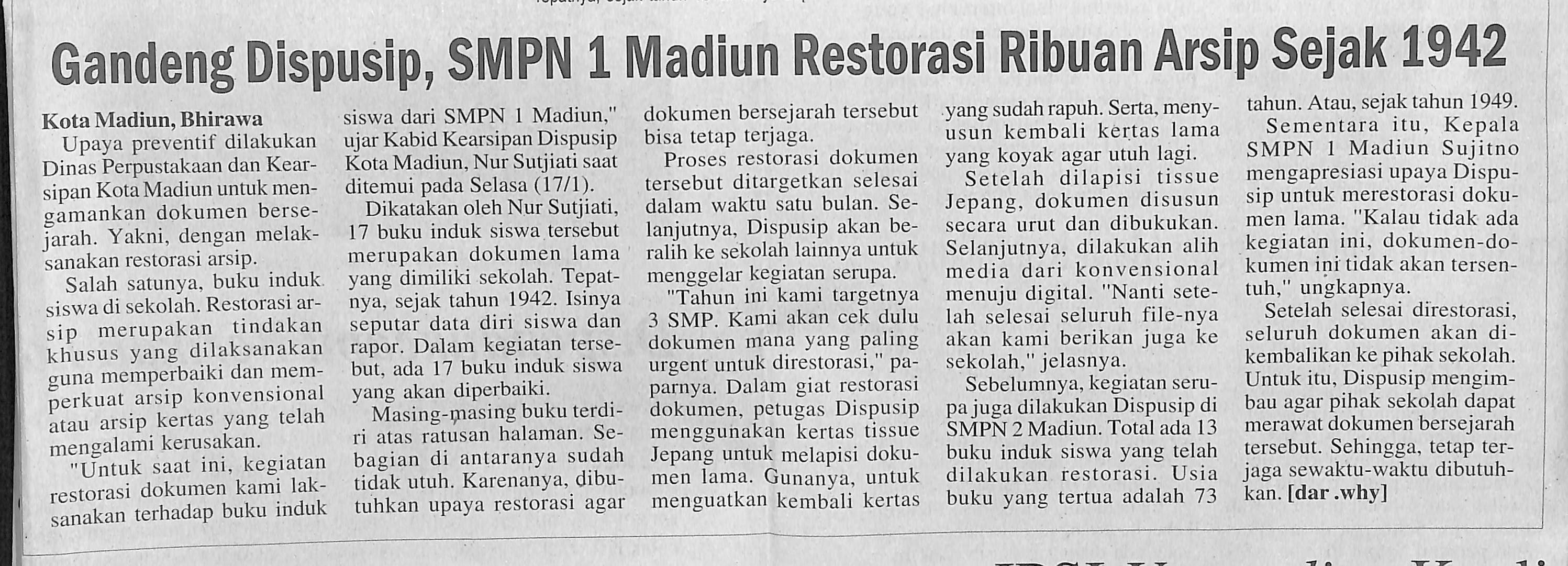 Gandeng Dispusip, SMPN 1 Madiun Restorasi Ribuan Arsip Sejak 1942