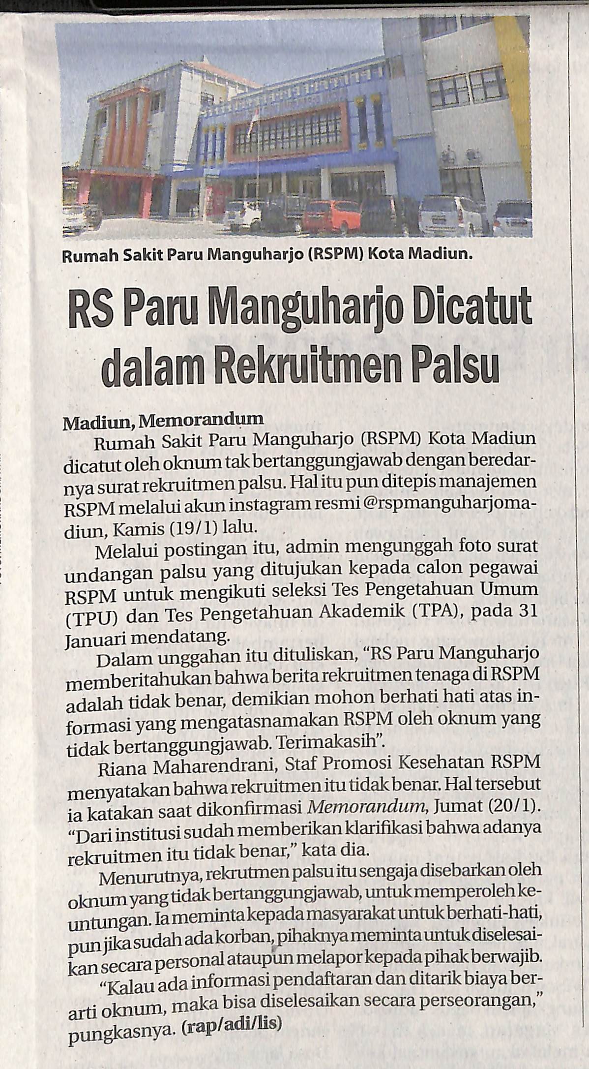 RS Paru Mangunharjo Dicatut dalam Rekruitmen Palsu
