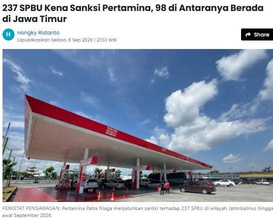 237 SPBU Kena Sanksi Pertamina, 98 di Antaranya Berada di Jawa Timur
