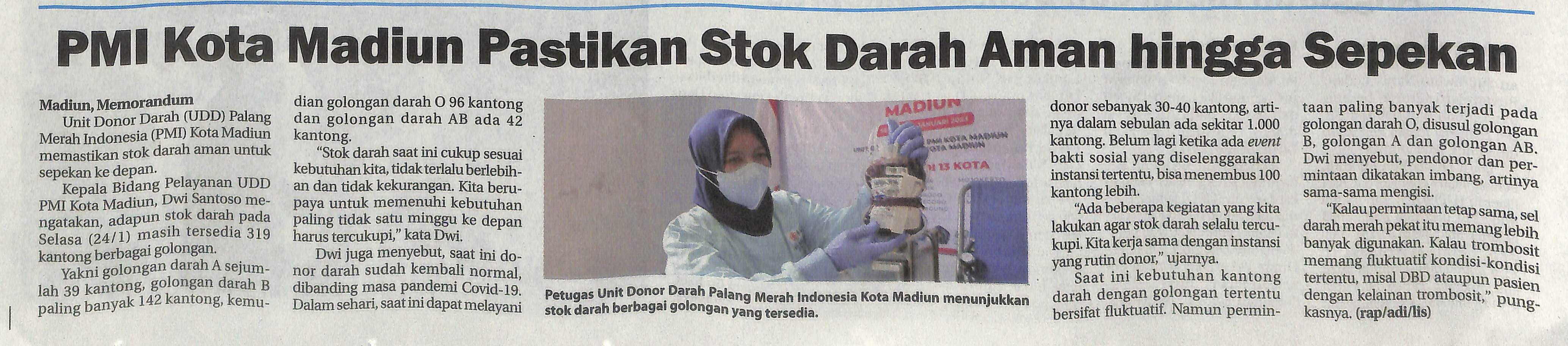 PMI Kota Madiun Pastikan Stok Darah Aman hingga Sepekan
