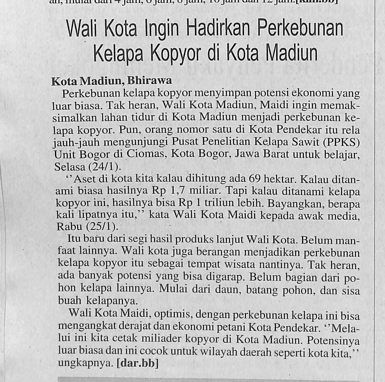 Wali Kota Ingin Hadirkan Perkebunan Kelapa Kopyor di Kota Madiun