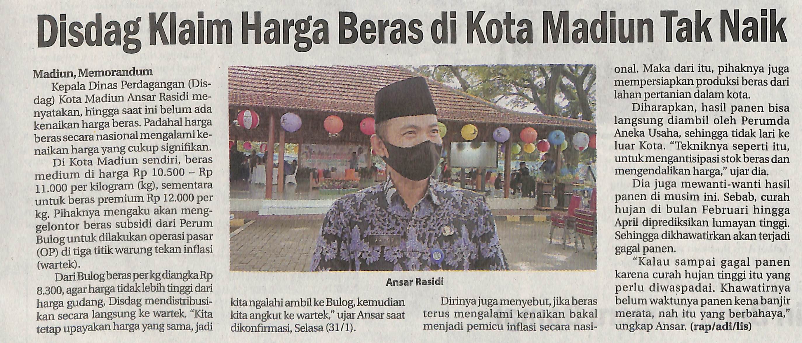 Disdag Klaim Harga Beras di Kota Madiun Tidak Naik