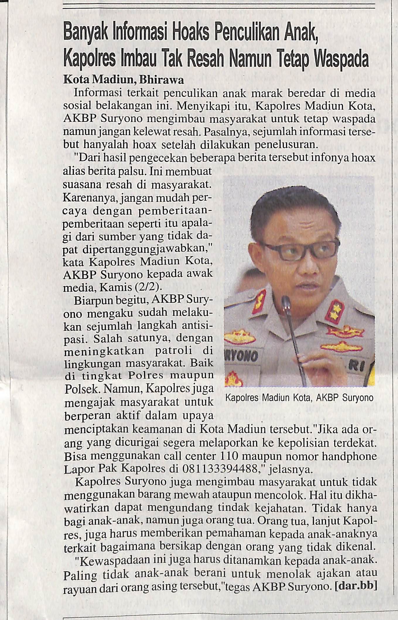 Banyak Informasi Hoaks Penculikan Anak, Kapolres Imbau Tak Resah Namun Tetap Waspada