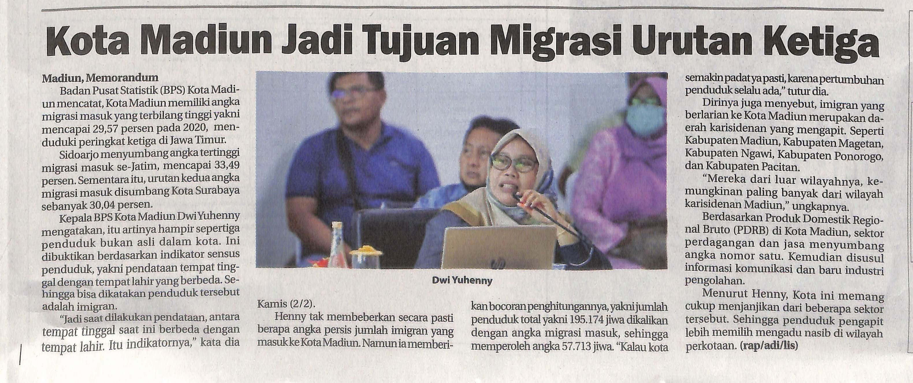 Kota Madiun Jadi Tujuan Migrasi Urutan Ketiga