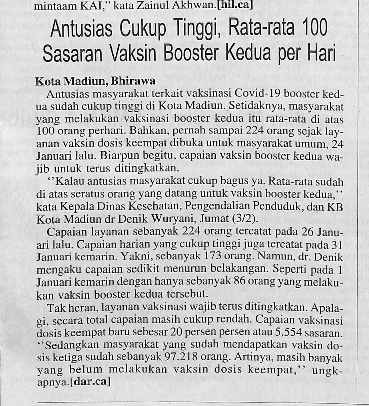 Antusias Cukup Tinggi, Rata-rata 100 Sasaran Vaksin Booster Kedua per Hari