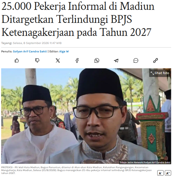 25.000 Pekerja Informal di Madiun Ditargetkan Terlindungi BPJS Ketenagakerjaan pada Tahun 2027