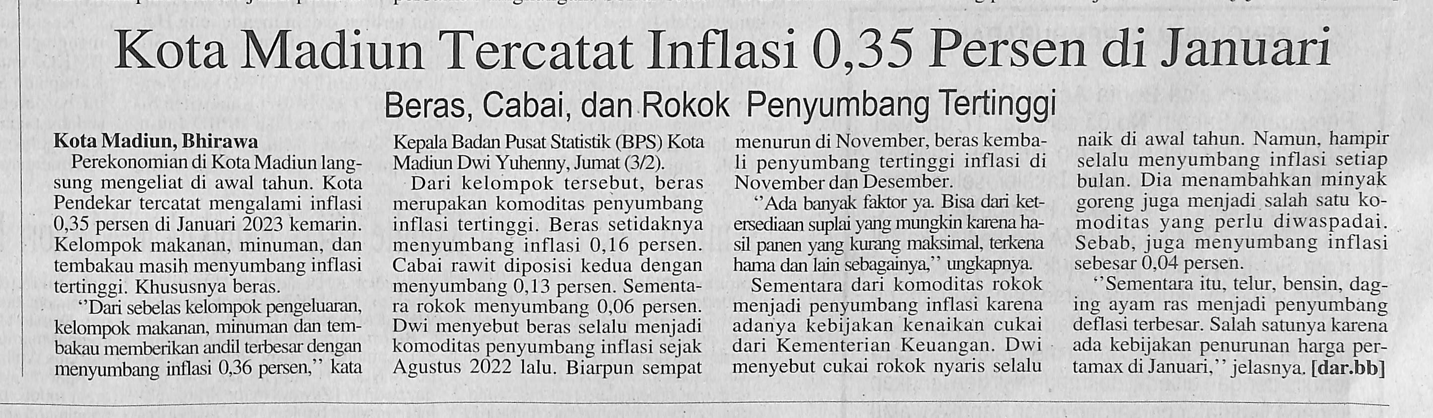 Kota Madiun Tercatat Inflasi 0,35 Persen di Januari, Beras, Cabai dan Rokok Penyumbang Tertinggi
