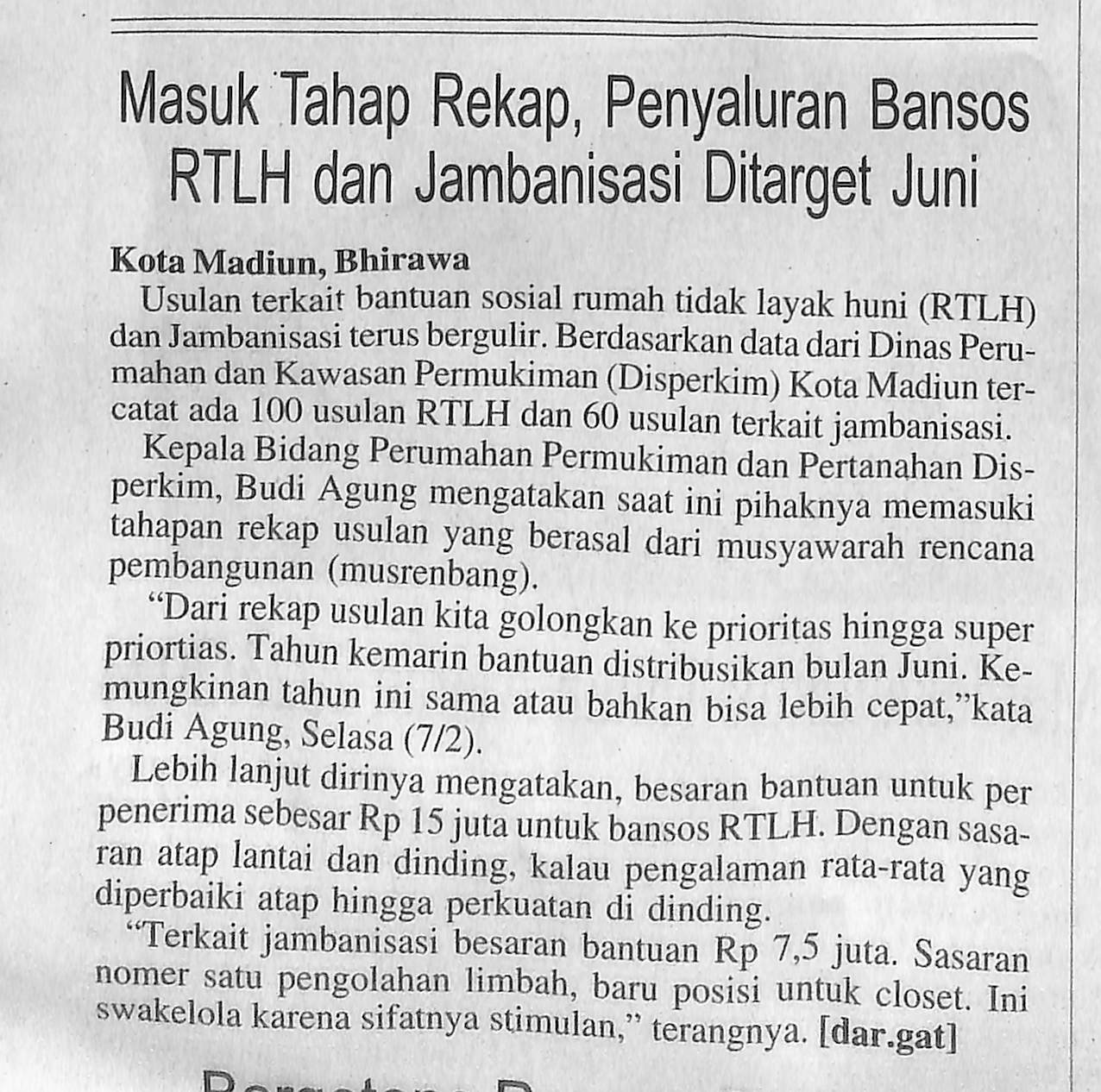 Masuk Tahap Rekap, Penyaluran Bansos RTLH dan Jambanisasi Ditarget Juni