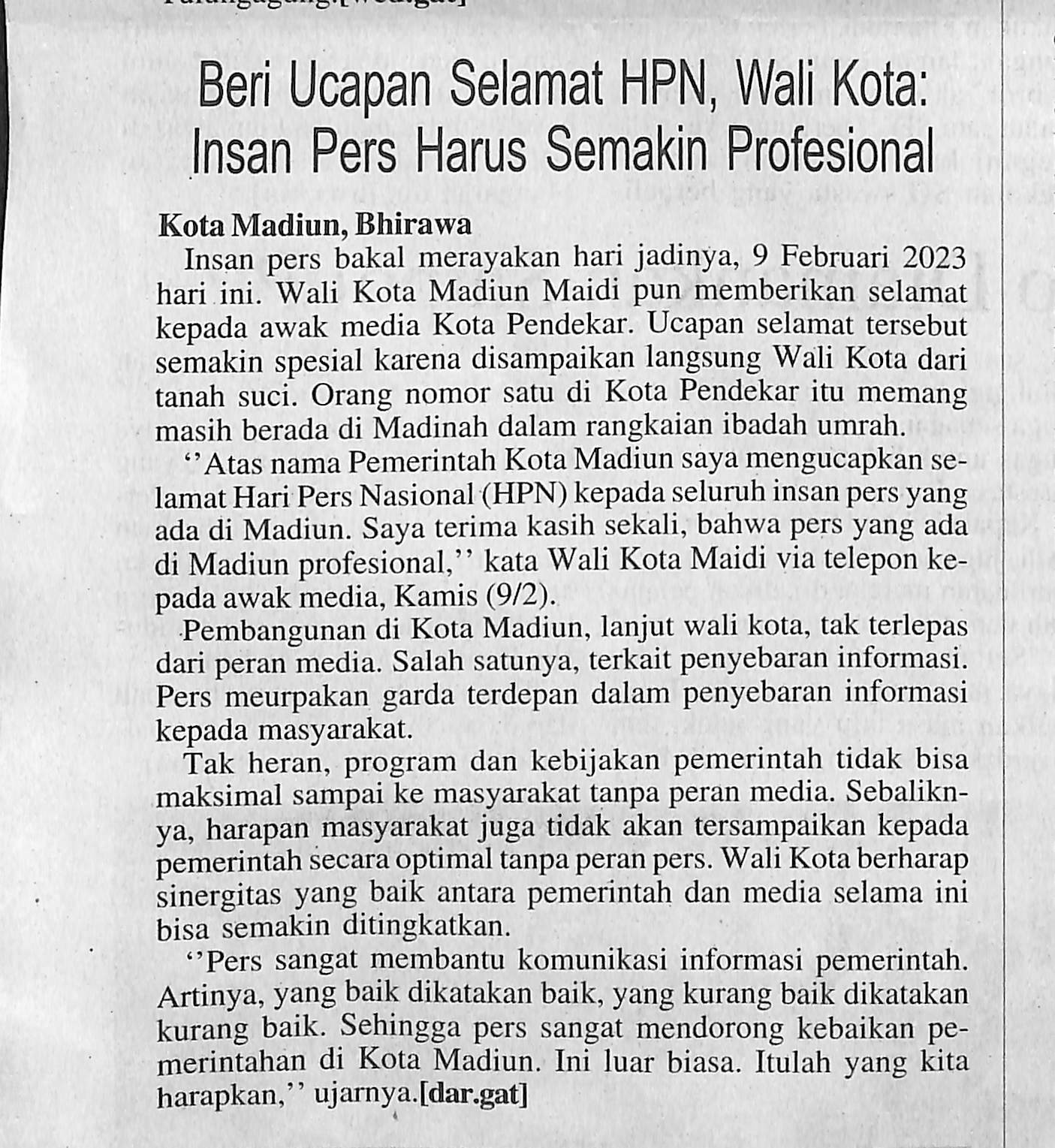 Beri Ucapan Selamat HPN, Wali Kota: Insan Pers Harus Semakin Profesional
