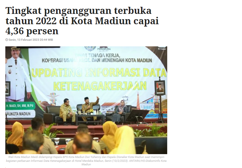 Tingkat pengangguran terbuka tahun 2022 di Kota Madiun capai 4,36 persen