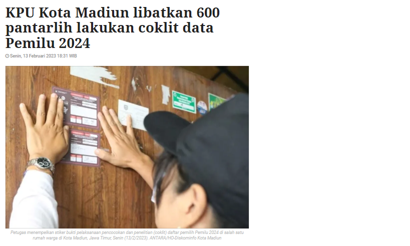 KPU Kota Madiun libatkan 600 pantarlih lakukan coklit data Pemilu 2024