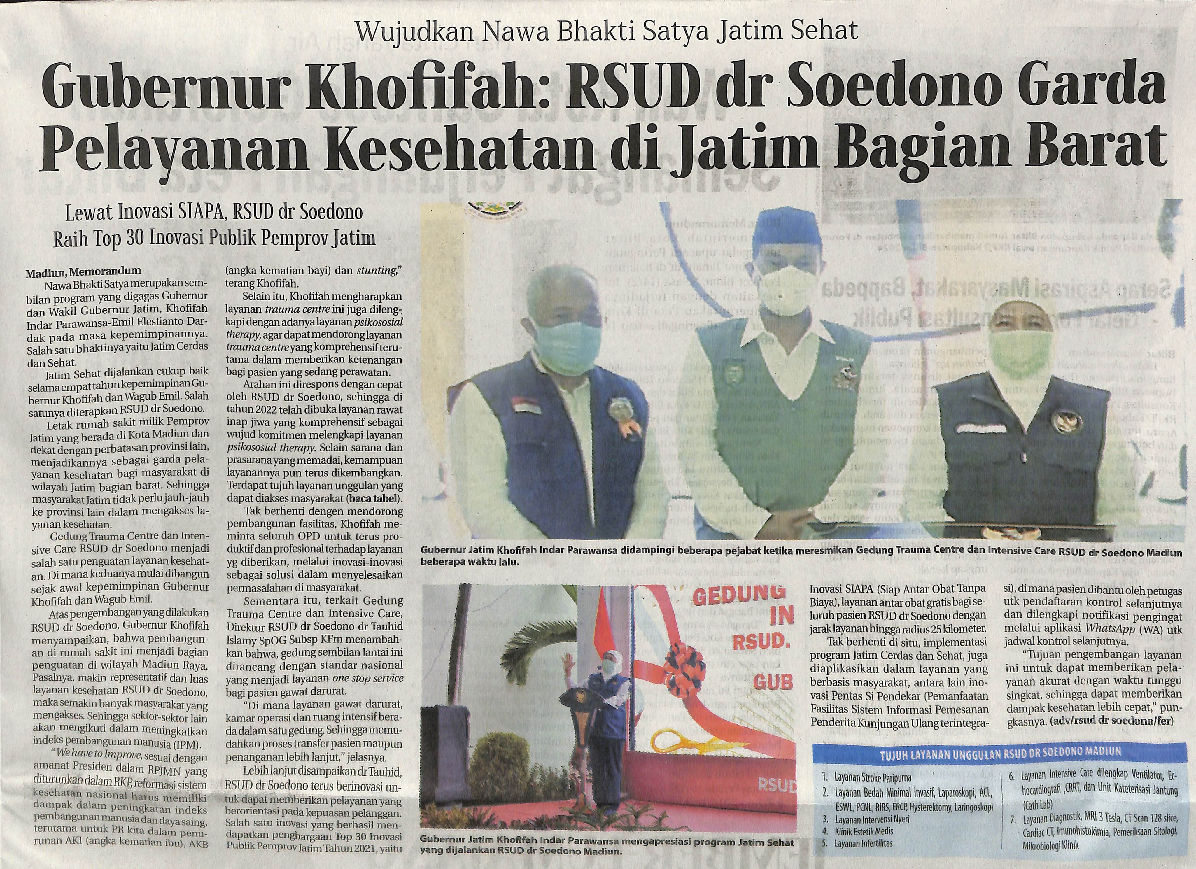 Wujudkan Nawa Bhakti Satya Jatim Sehat, Gubernur Khofifah: RSUD dr Soedono Garda Pelayanan Kesehatan di Jatim Bagian Barat