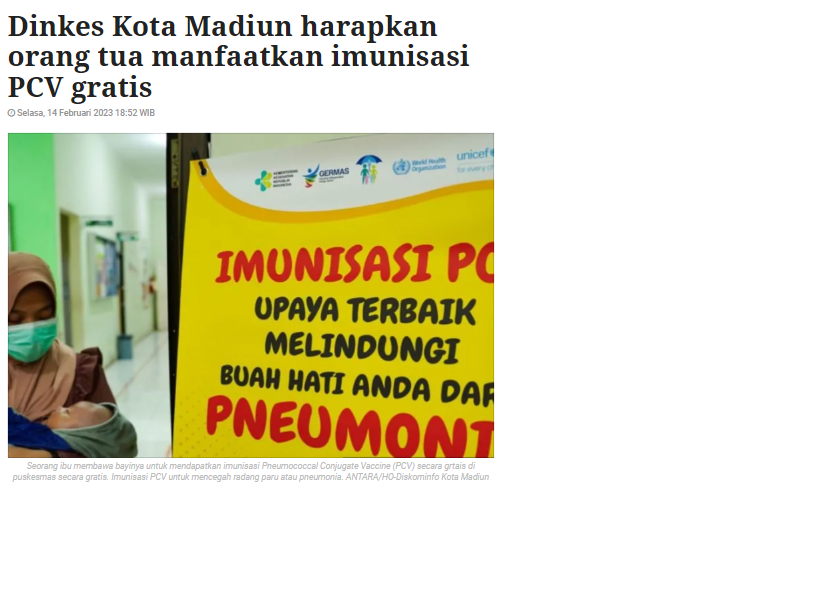 Dinkes Kota Madiun harapkan orang tua manfaatkan imunisasi PCV gratis