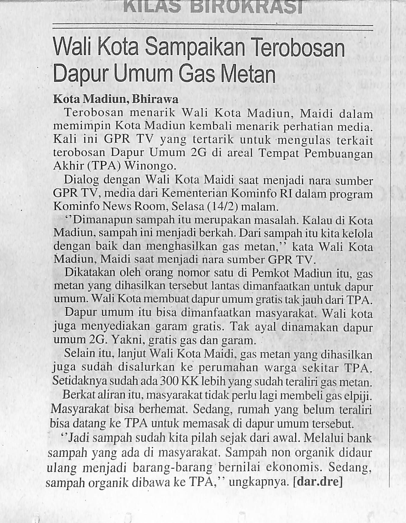 Wali Kota Sampaikan Terobosan Dapur Umum Gas Metan