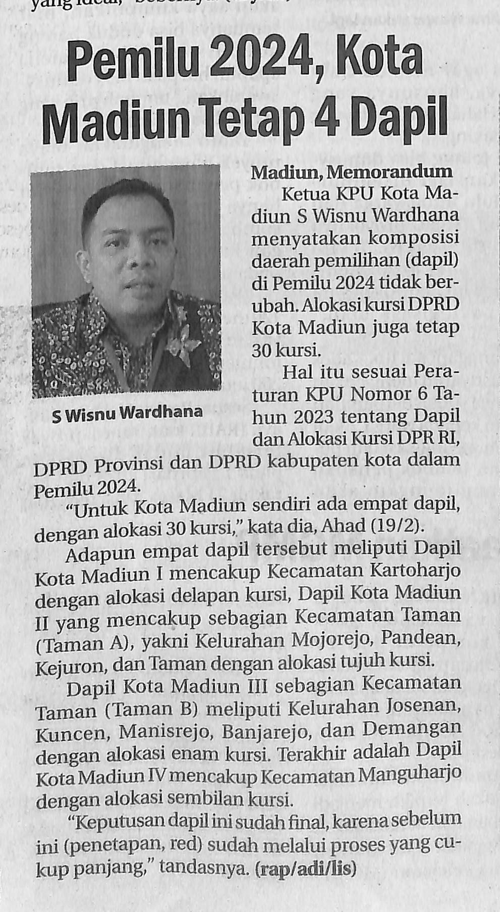 Pemilu 2024, Kota Madiun Tetap 4 Dapil